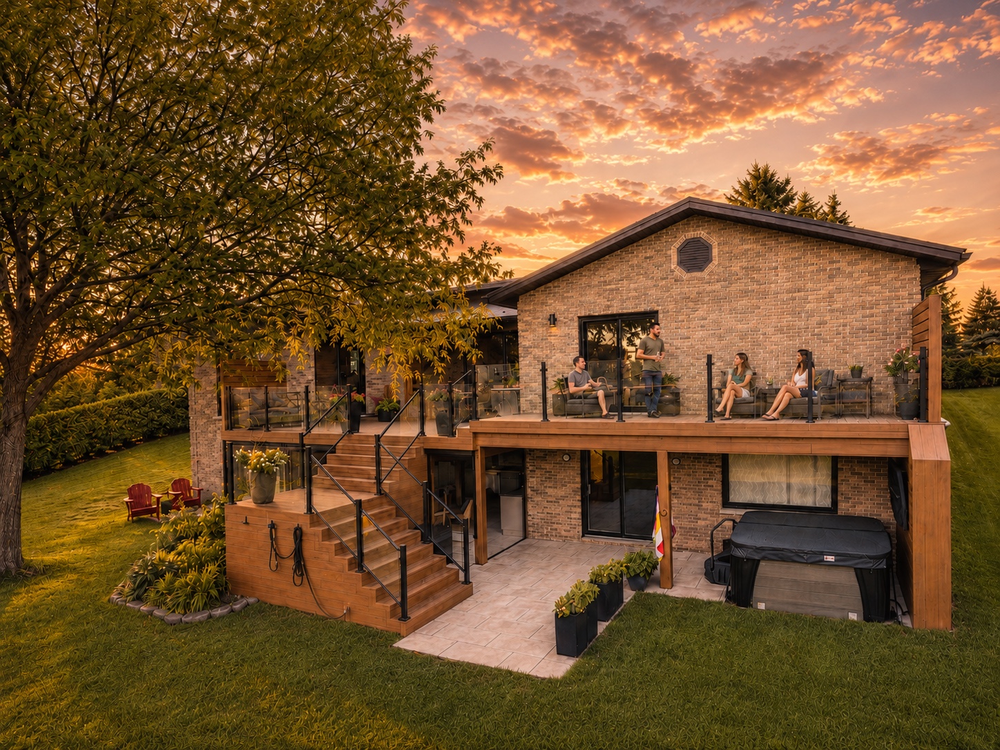 A completed two-level Delta Decks project at sunset