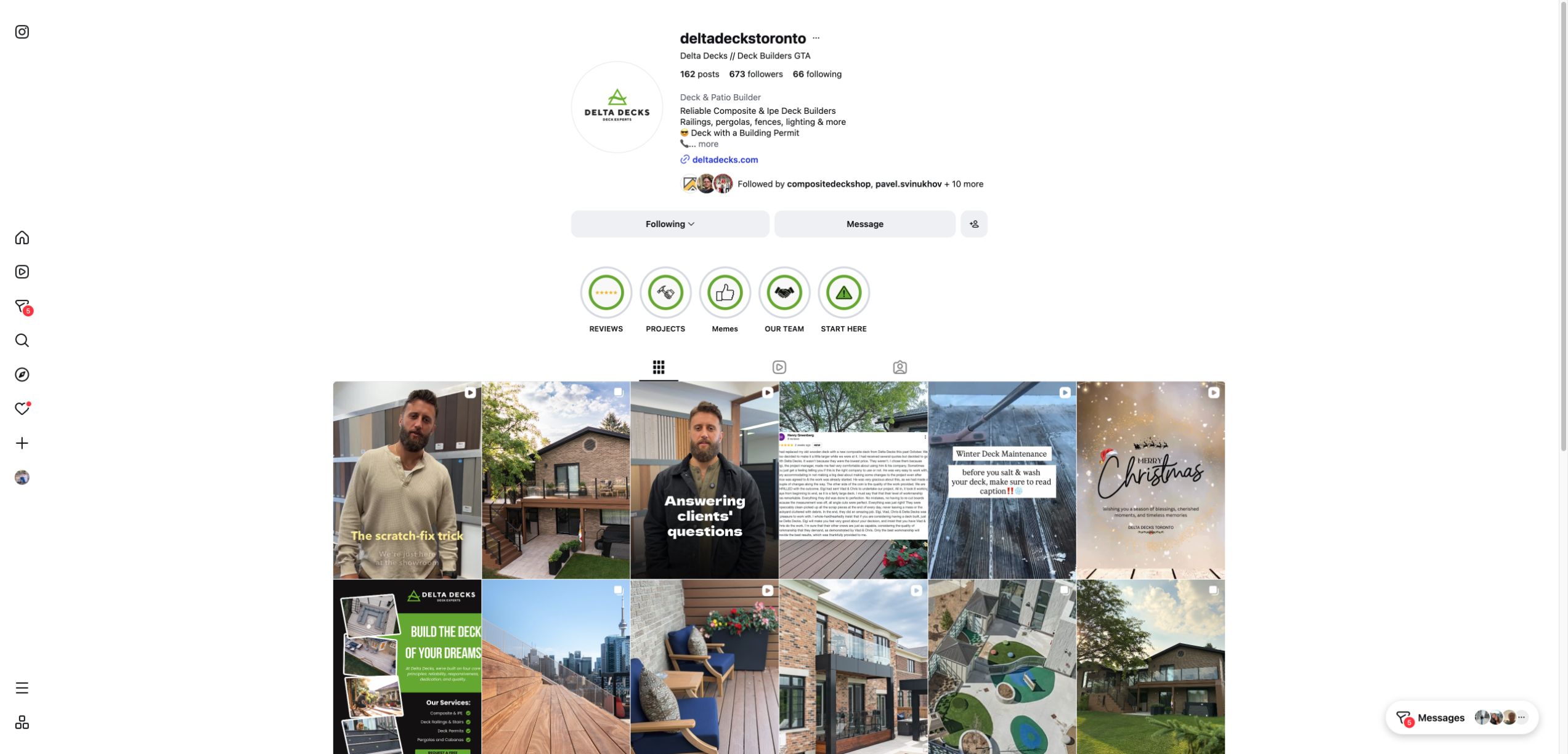 Актуальна шапка та перші публікації Instagram-профілю Delta Decks Toronto